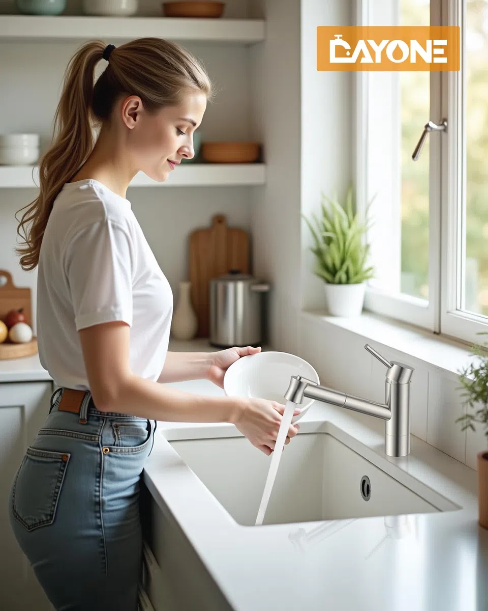 DAYONE Niederdruck Wasserhahn Küche, Niederdruck Küchenarmatur mit Ausziehbarer Brause, 3 Anschlüsse, 2 Strahlarten Spültischarmatur, Mischbatterie Küche, Ausziehbar Küche Mischbatterie für Boiler