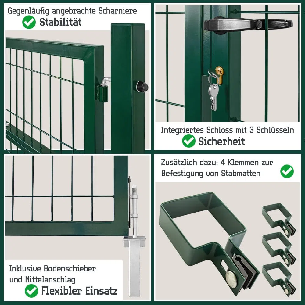 Gartentor Tor 300 x 80 cm Gartenzaun Zaun Doppelflügelig Gartentür aus Metall für Stabmattenzaun Abschließbar inkl. Pfosten Grün V2Aox
