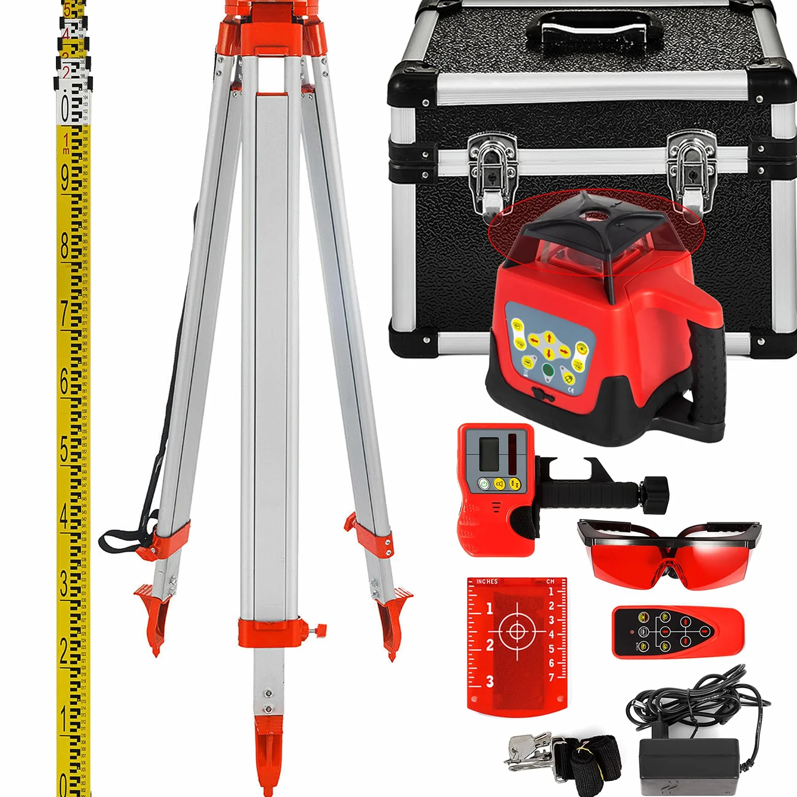 VEVOR Professional Rotationslaser max. Arbeitsbereich 500 m rot, Linienlaser 360 Grad Laser höhenmesser Wasser- und staubdicht Außenbereich Arbeitszeit 20 Stunden mit Stativ & Herrscher Elektrik