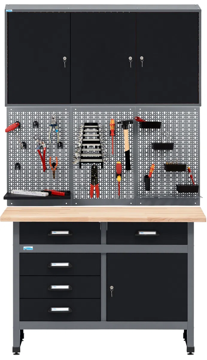 Küpper Werkstatt Sparset 70424-9, 120 cm, Werkbank, Hängeschrank, Lochwand inkl. 12 Standard-Haken (Schwarz)