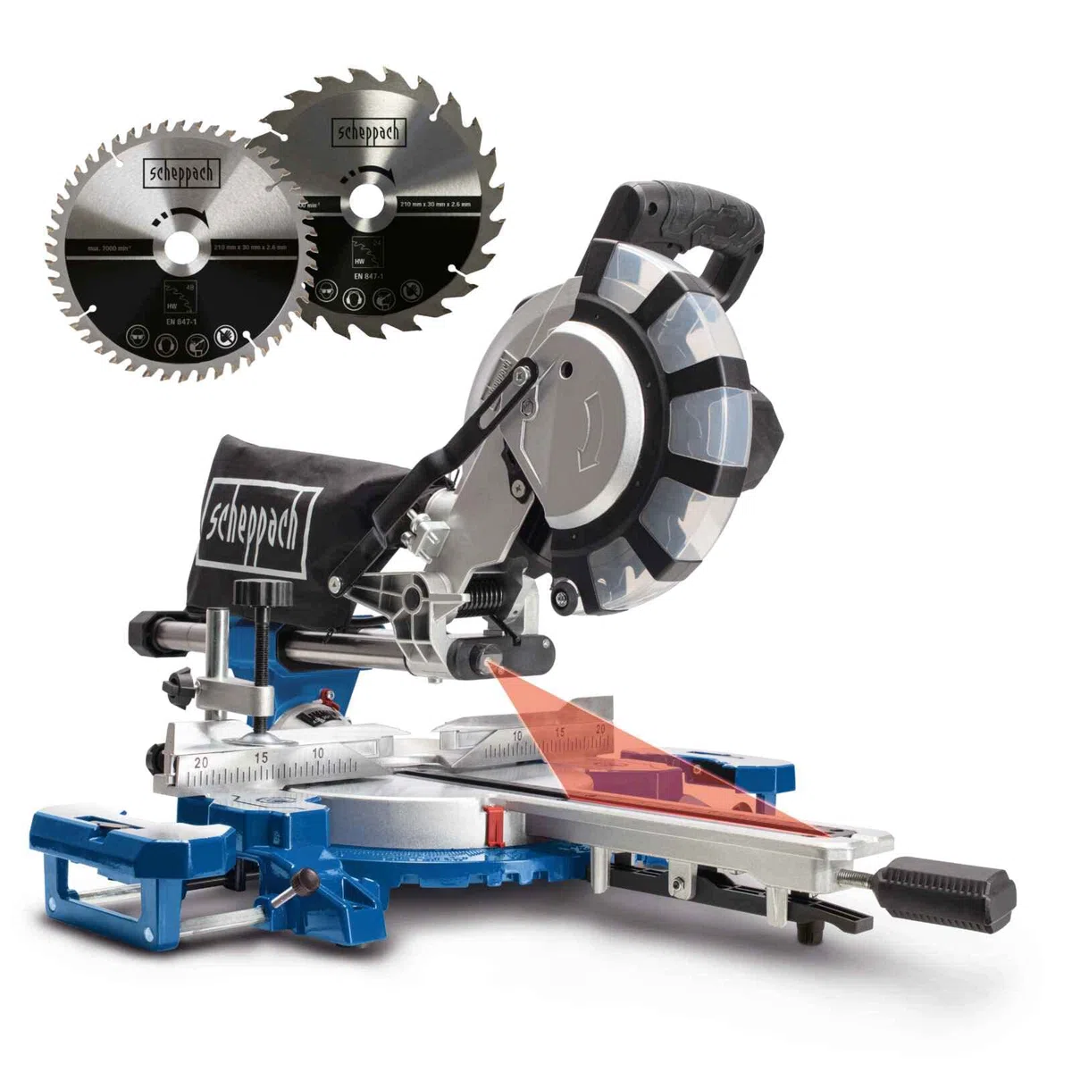 Scheppach Kappsäge HM216SPX | 65mm Schnitthöhe | 340mm Schnittbreite | 2000W | 2x Sägeblatt Ø210mm | Laser | schwenkbarer Sägekopf | Gehrungssäge | Werkstückauflage & Spanner | Kapp-Zug-Gehrungssäge