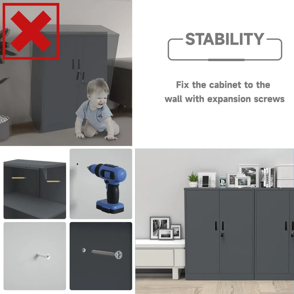 Metallschrank absperrbar mit 2 verstellbaren Regalen (90x80x40cm) - Stahlschrank für Büro, Garage & Haushalt | 50kg Tragkraft pro Regal (Dunkelgrau, 90x80x40cm)