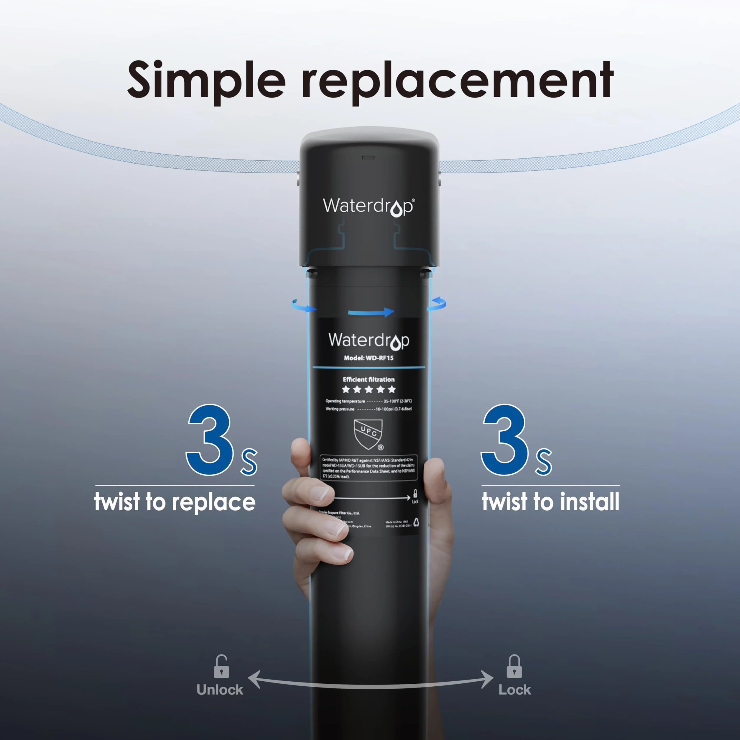 Waterdrop RF15 Ersatz-Filterkartusche für 15UA/15UB Wasserfilter unter der Spüle, reduziert PFOA/PFOS, PFAS, Blei, Chlor, schlechten Geschmack und Geruch, NSF/ANSI 42 zertifiziert, 70.000 Liter