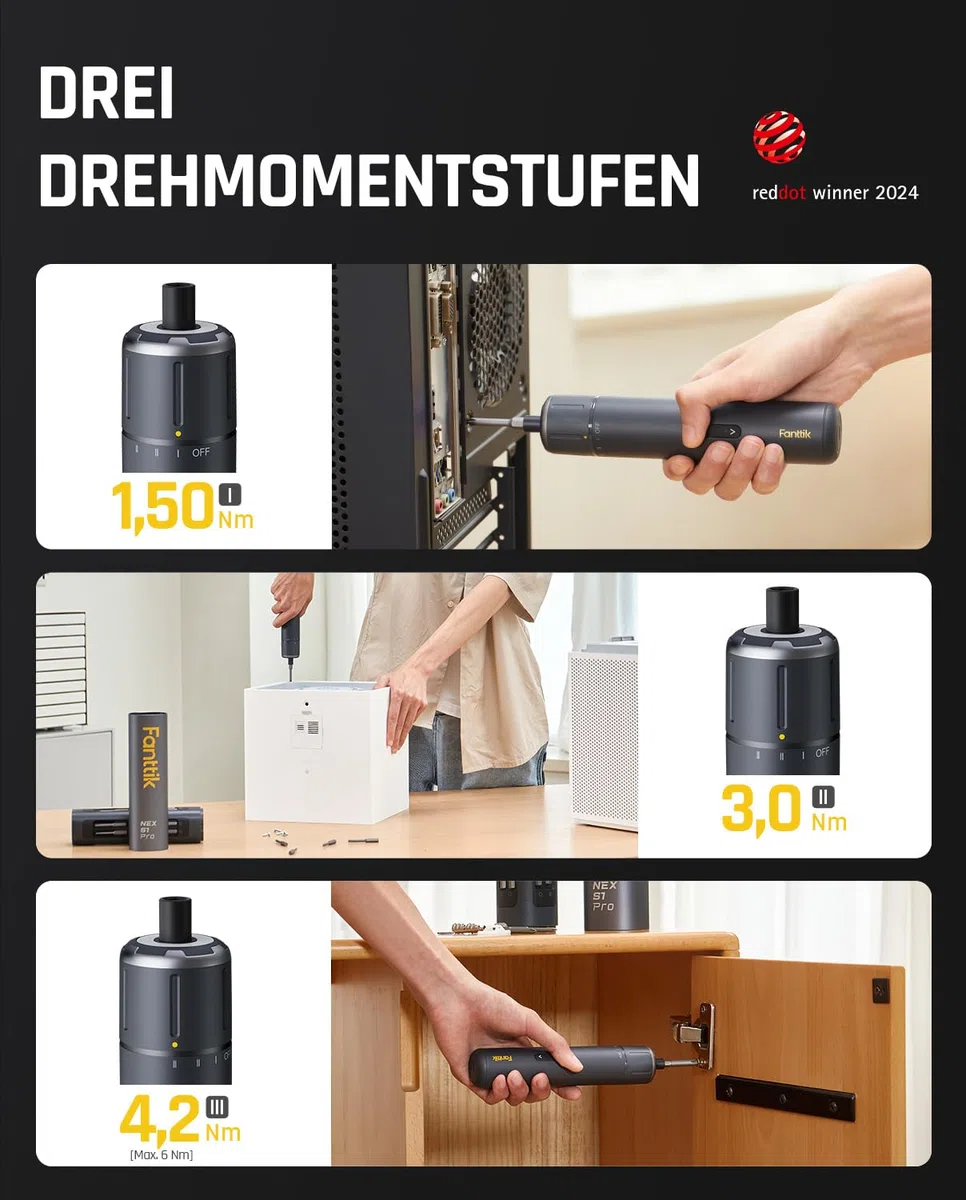 Fanttik S1 Pro 3.7V Magnetische Electric Screwdriver, Leistungsstarkes-Schraubendreher-Set mit 16 Bits, Einstellbare 3 Drehmomente bis zu 6 Nm, 2000-mAh-Akku, Geeignet für die Möbel/Computerreparatur