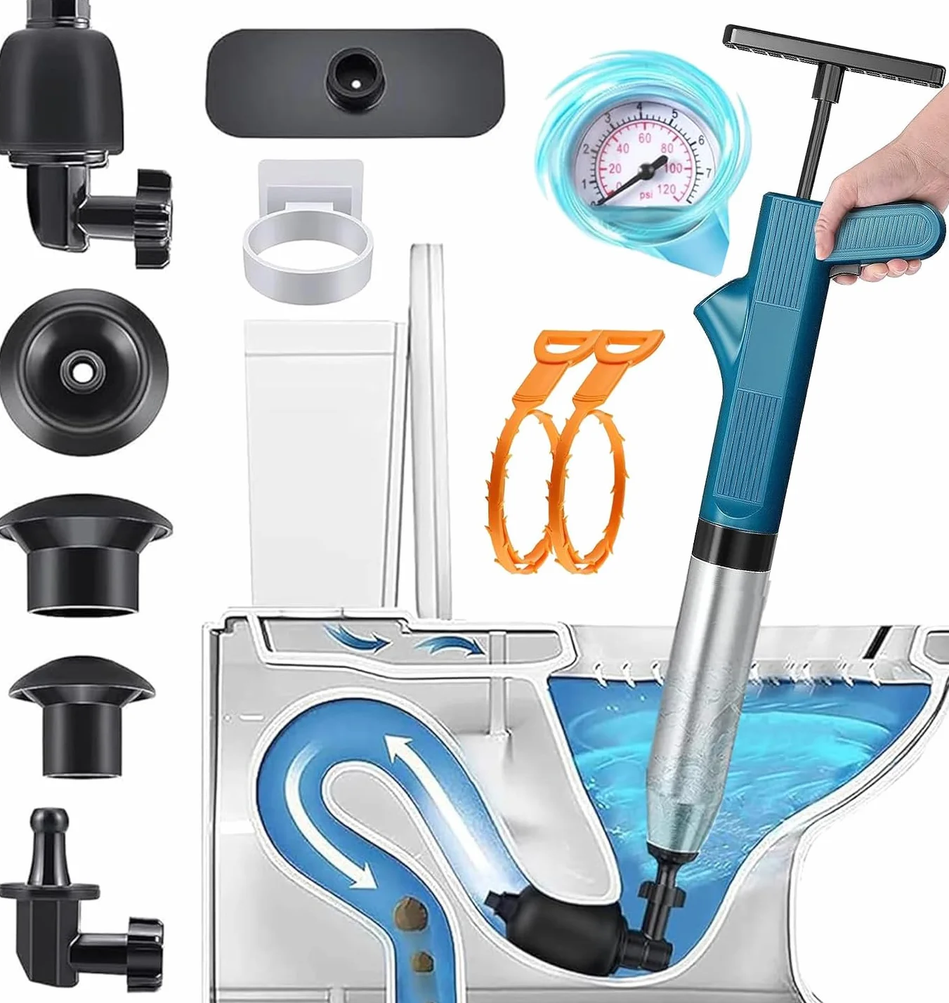 Rohrreiniger Druckluft, Pressluft rohrreiniger, toilette verstopft,rohrreinigungspumpe,WC abflussreiniger pumpe 4 in 1 Drucktoiletten-Entstörer für Toilette/Waschbecken/Badewanne