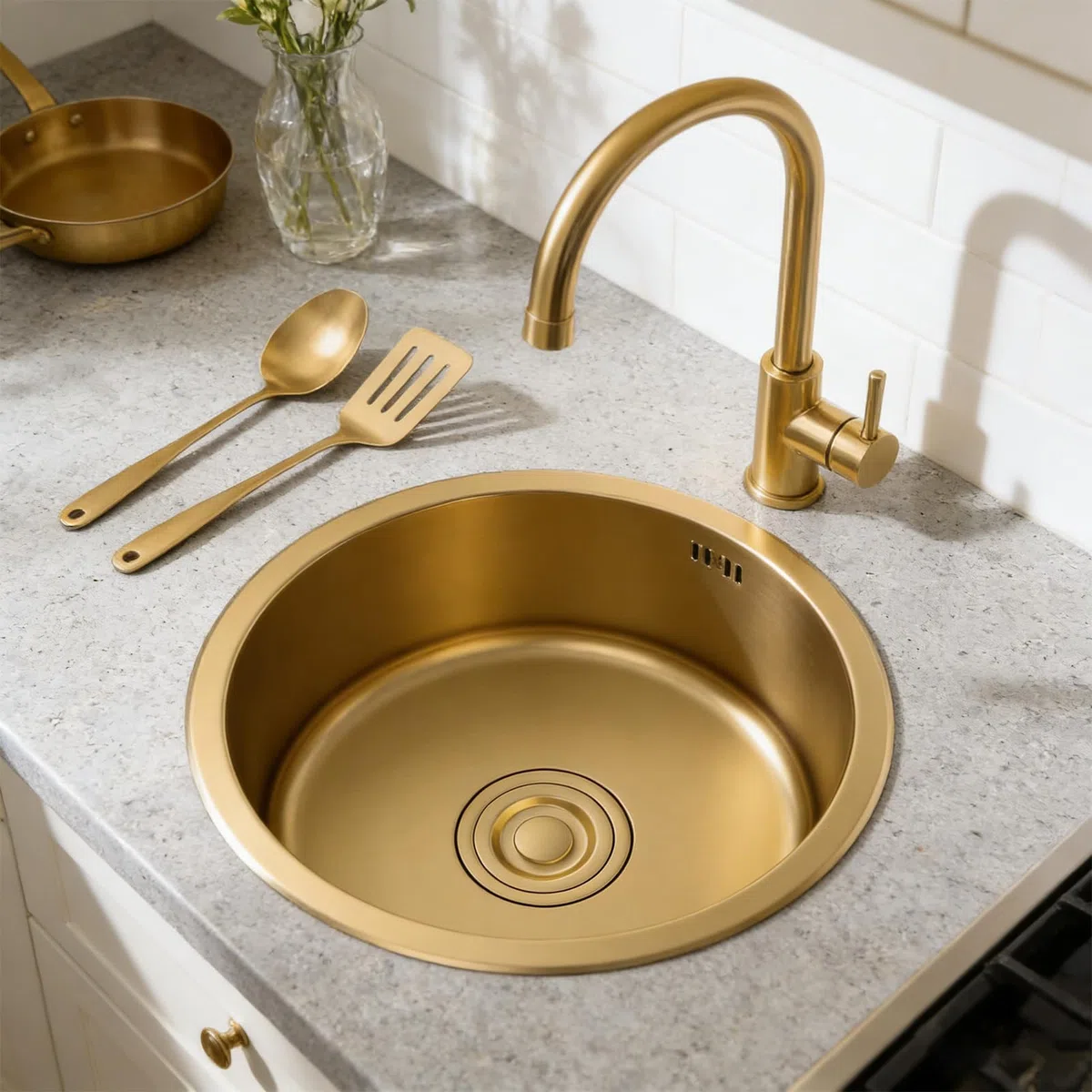 Rundspüle, goldfarben, 40 x 40 cm, Küchenspüle und Stange in Gold, rund, goldfarben, unterhalb oder auf der Arbeitsplatte, sink für Minibar, Edelstahl mit Siphon