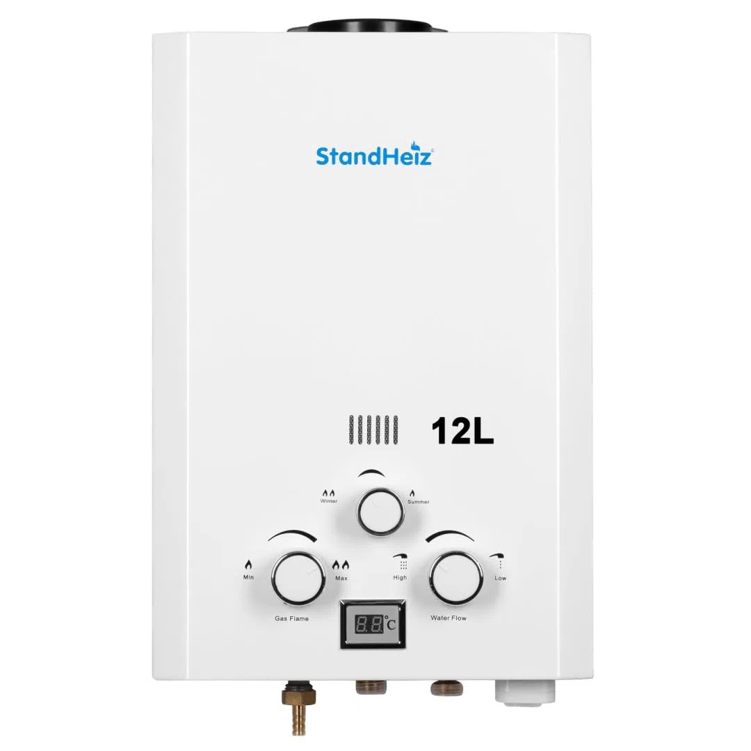 Durchlauferhitzer 12L 24 kW – LPG/Propan Warmwasserbereiter mit LCD Display, Sofort-Heißwasser für Außendusche, Garten, Haus, Camping, Wohnmobil & Wohnwagen, stufenlose Temperaturregelung