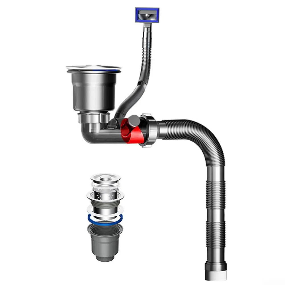 Für halbflexible Küchenspüle, Ablaufrohr-Set mit Geruchsneutralisierung, Edelstahl und PP-Armaturen für Doppelbeckeninstallation (140 Käfig)