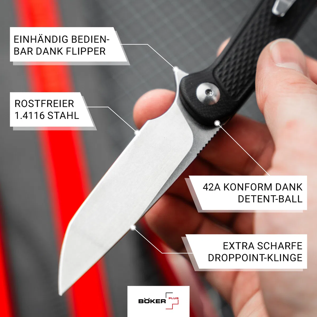 BÖKER PLUS Fire Ant Black - Premium Flipper Taschenmesser mit Detent Ball - leichtes Klappmesser 42a konform - EDC Messer mit Clip & Pinzette - Droppoint Faltmesser