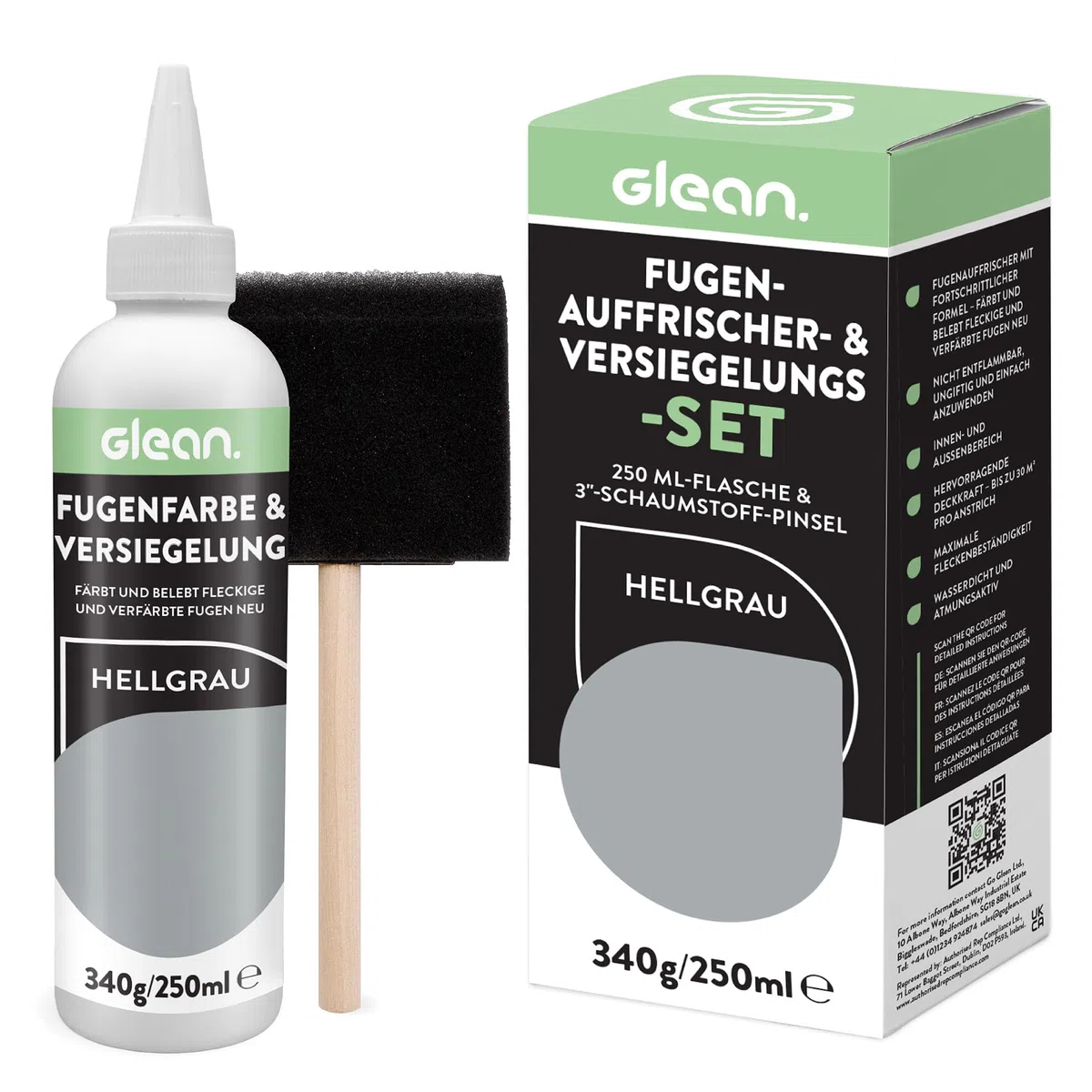 GLEAN Fugenfarbe & Versiegelung Hellgrau | 340g | Erneuert & schützt Fliesenfugen | Mit Schaumstoffpinsel | Atmungsaktiv & fleckenresistent | Für Bad, Dusche & Küche