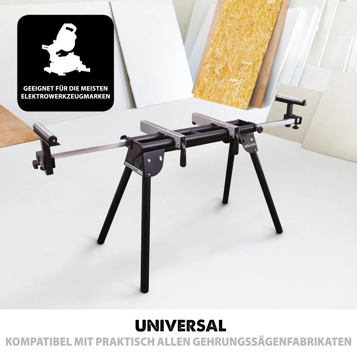 Evolution Arbeitstisch Untergestell für Gehrungssägen Elektrowerkzeuge - Universell passend für Evolution, Einhell, Metabo, Makita, DeWalt, Bosch - Kompakter klappbarer Ständer mit ausziehbaren Armen
