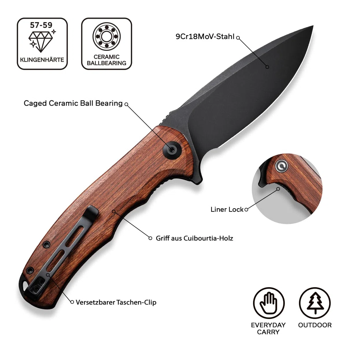 CIVIVI Praxis Klappmesser mit Cuibourtia-Holzgriff und 9,52 cm langer Damastklinge, EDC Taschenmesser (C803H)