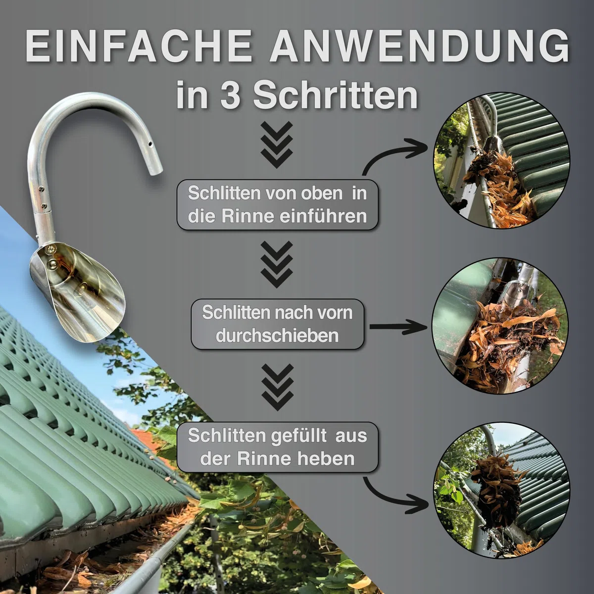 FenWi 6m Teleskop Dachrinnenreiniger Set mit Alu Teleskopstange | Edelstahl Dachrinnenschlitten und Dachrinnenbürste zur Reinigung der Dachrinne ohne Leiter oder Gerüst