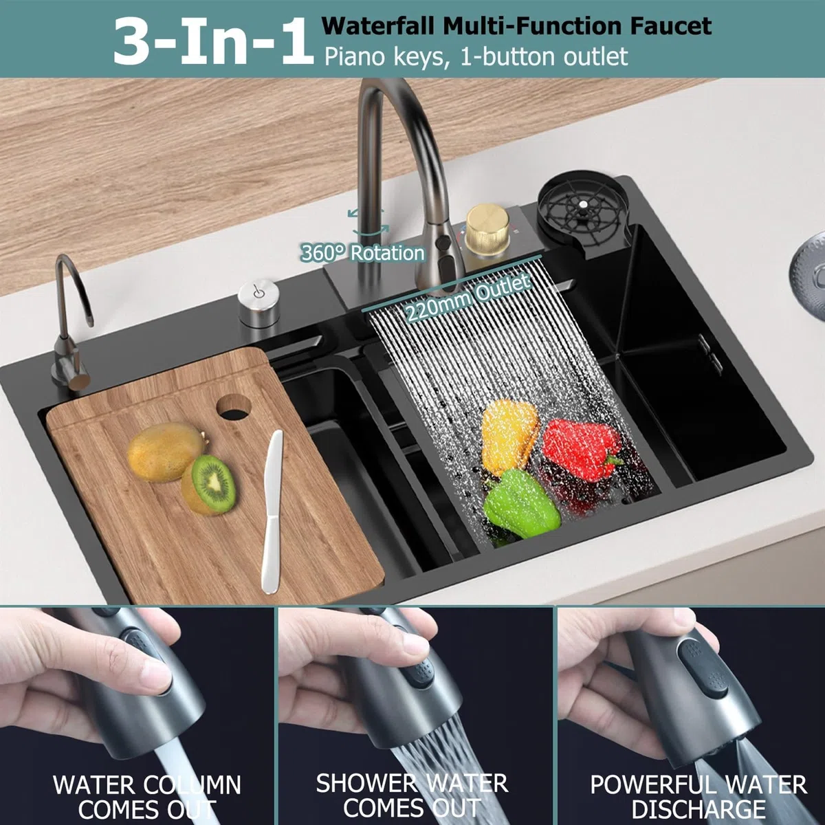 85x45cm Multifunktionale Edelstahl Küchenspüle, Tiefes Wasserfall Barspüle, Display-Spülen-Set Für Den Rechteck Für Den Hausgebrauch, Gläserspüler und Abflusskörbe