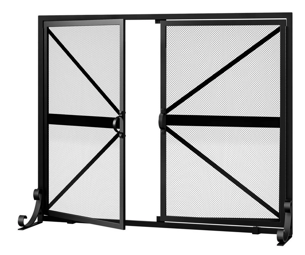 Fire Beauty Kaminschutz mit Türen, 2-teilig, handgefertigt, massives Schmiedeeisen, dekoratives Netz, babysicher, Kaminholz-Ofenzubehör (schwarz)