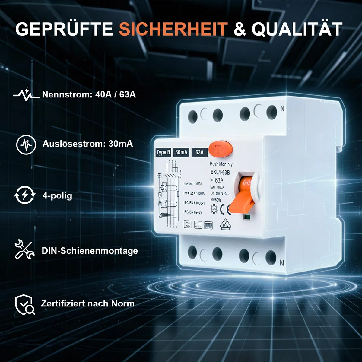 FI Schutzschalter Typ B 63A 30mA 4-polig, Allstromsensitiver RCD für Wallbox & Ladestation, Fehlerstromschutzschalter mit VDE Zertifizierung, DIN-Hutschiene Montage