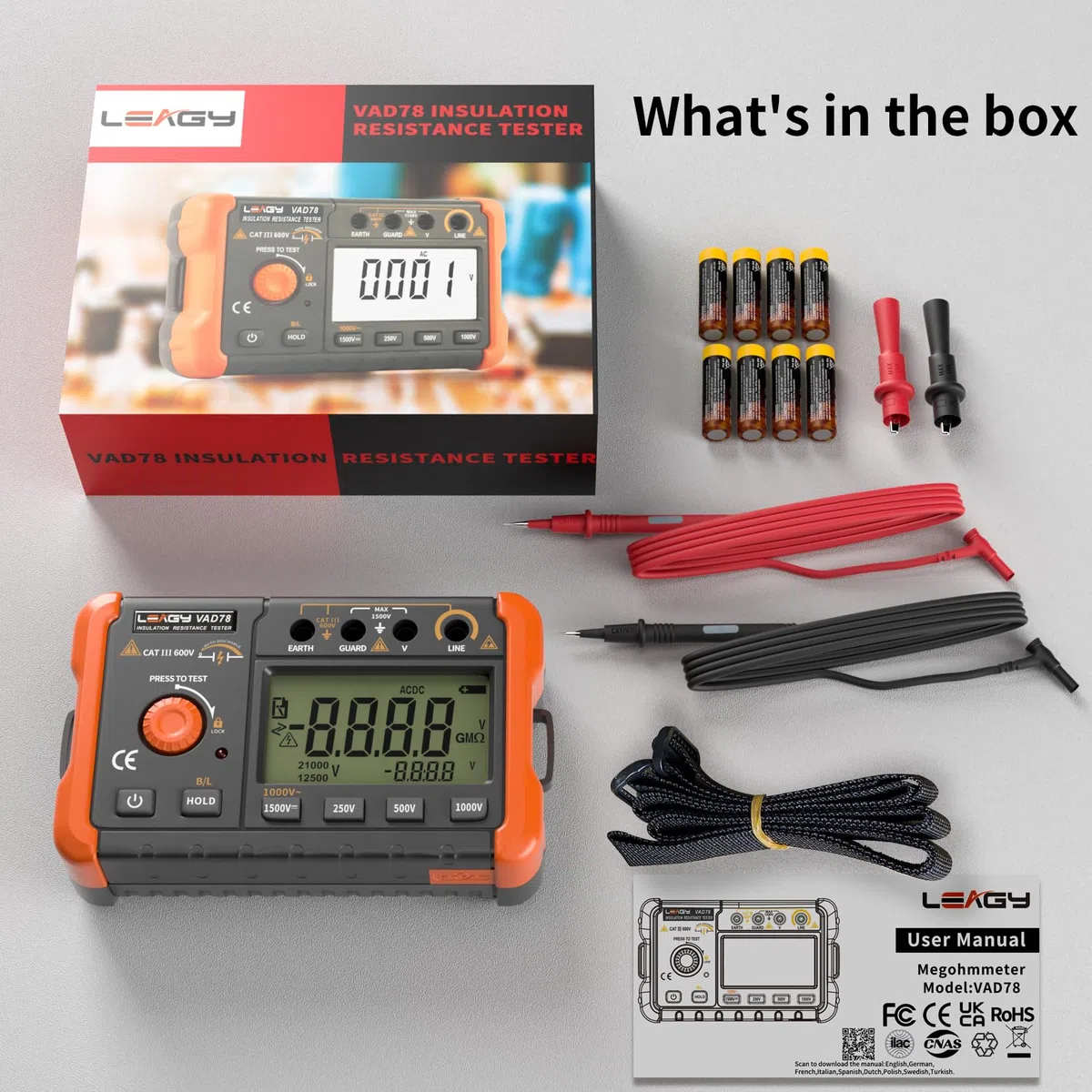 LEAGY VAD78 Digitales Isolationswiderstandsmessgerät - Präzisions-Megohmmeter für Gleich-/Wechselspannungsprüfung (20-1500V, 20-750V) und Widerstandsmessung (0-5000 Megohm)