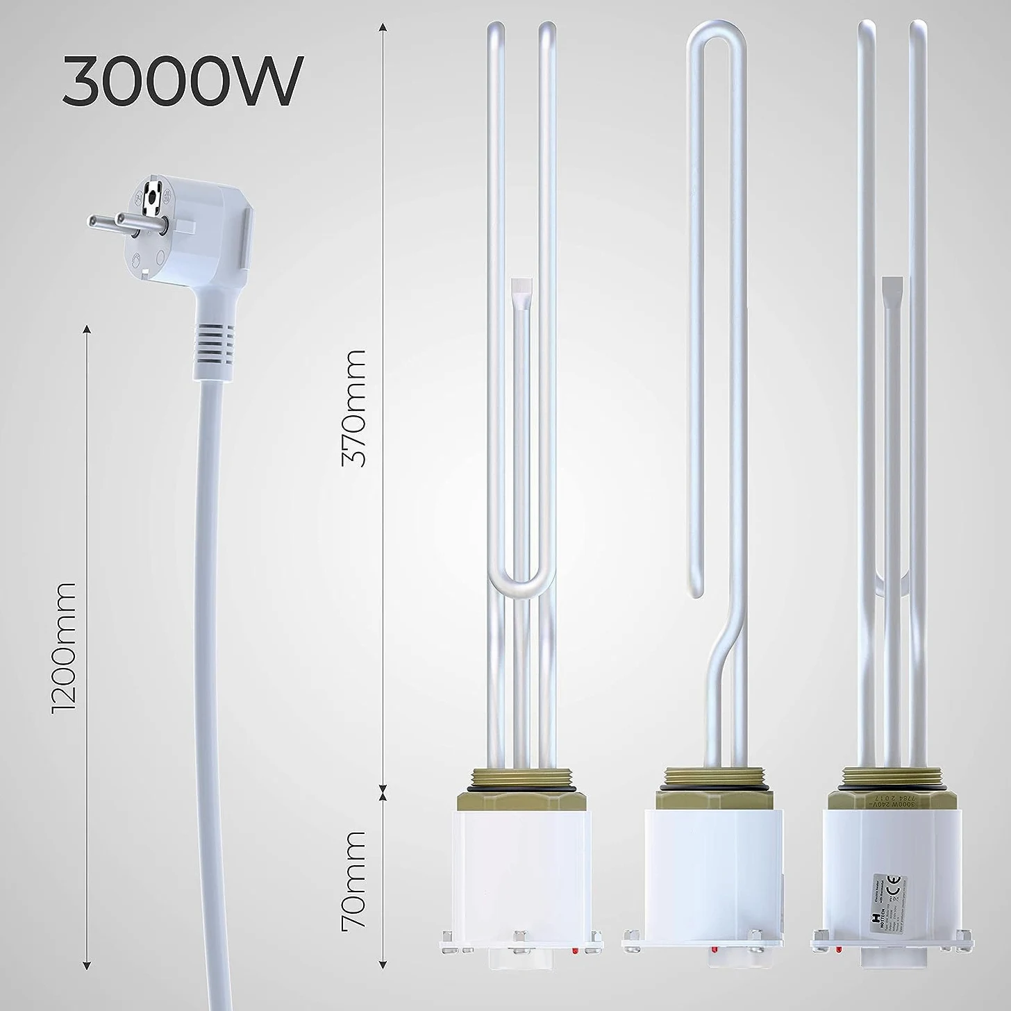 Tauchsieder Heizstab Elektro für Heizkessel Boiler – Heizpatrone mit Uni-Schuko-Stecker und Temperaturregler Wasser Thermostat Wärmetauscher, Weiß, 230 V, 3000 W, 6/4"