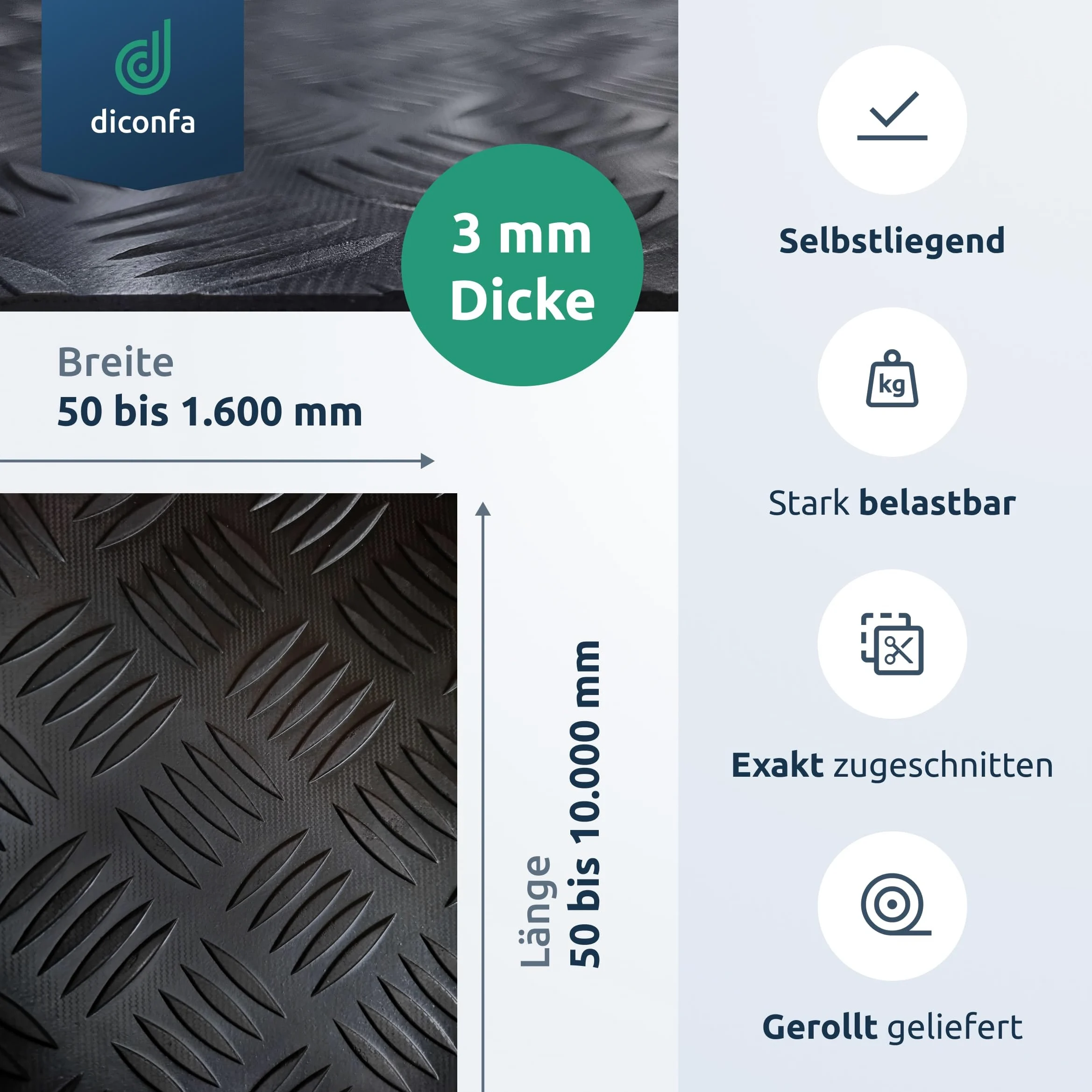 diconfa Gummi-Matte Hammerschlag-Matte 3mm stark - BREITE 0,05m bis 1,6m - LÄNGE 0,05m bis 10m - Auswahl 120 x 135cm (1200 x 1350mm) - UV-stabil geruchsarm rutschfest Riffelblechmatte Riffelmatte