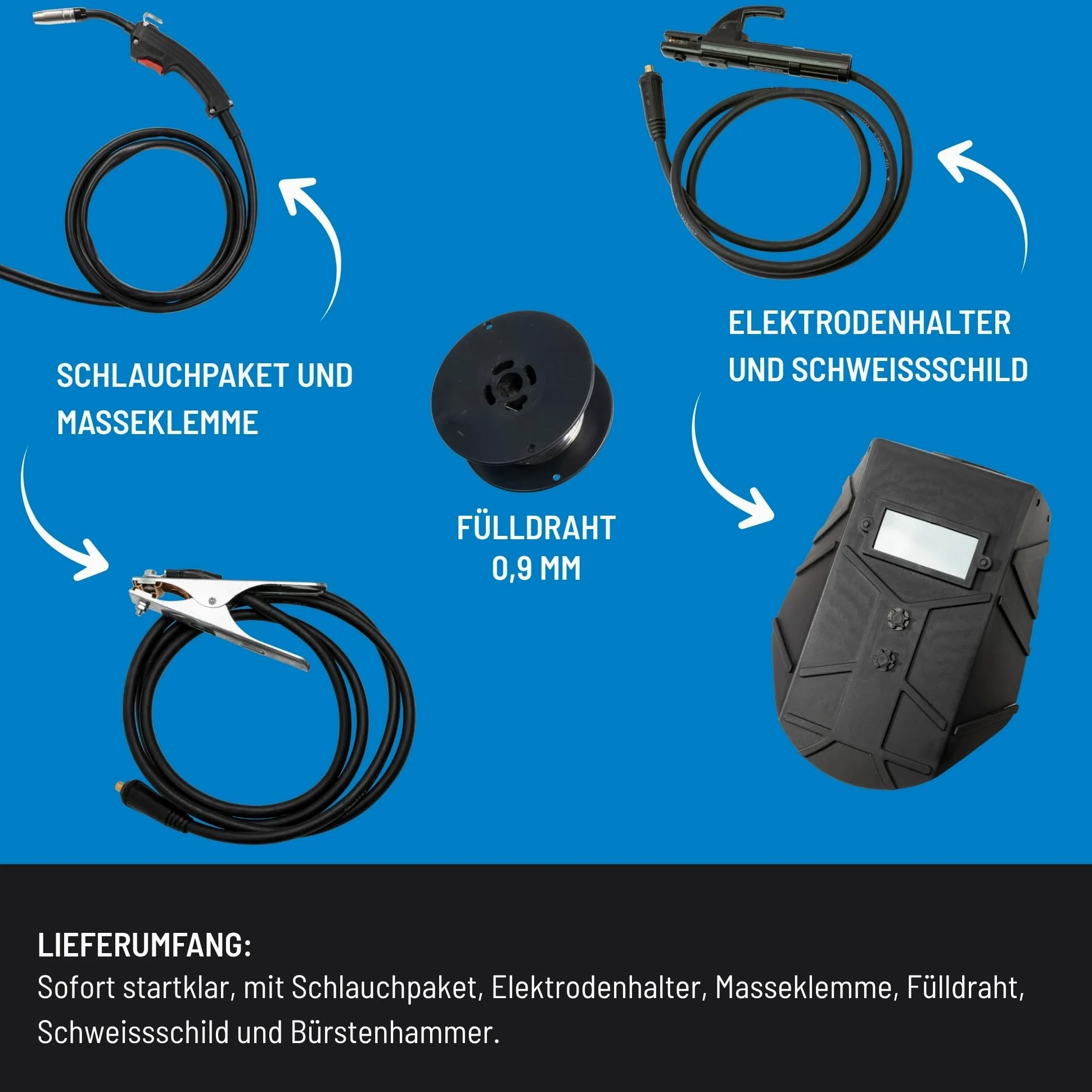 Güde Universalschweissgerät Uni-Mig 125 SYN (230 V, 4 in 1, 120 A max. Schweißstrom, 20-120 A Regelber., inkl. Elektrodenhalter, Schlauchpaket, Masseklemme, Schlackenhammer, Schweißschild & Fülldraht)