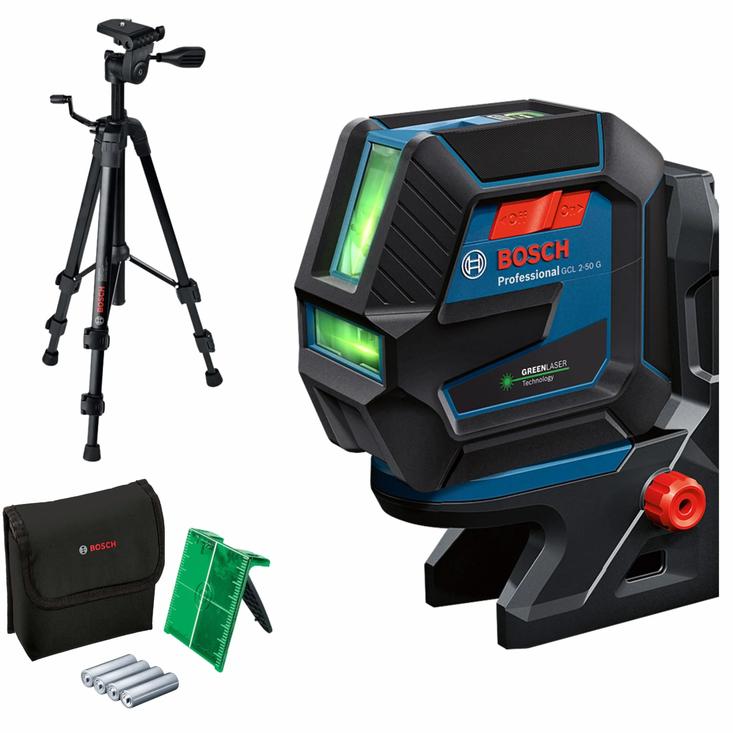 Bosch Professional Kreuzlinienlaser GCL 2-50 G (grüner Laser, Innenbereich, Halterung RM 10, Stativ BT 150, sichtbarer Arbeitsbereich: bis 15 m, 4x AA-Batterie, in Kartonschachtel)