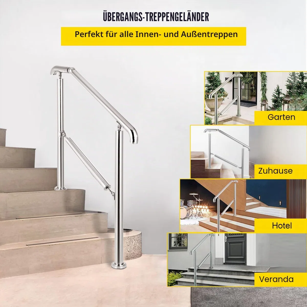 Happybuy Treppengeländer 5 Stufen, Handlauf Edelstahl mit Pfosten, Verstellbare Eingangsgeländer Silber 1,6 m