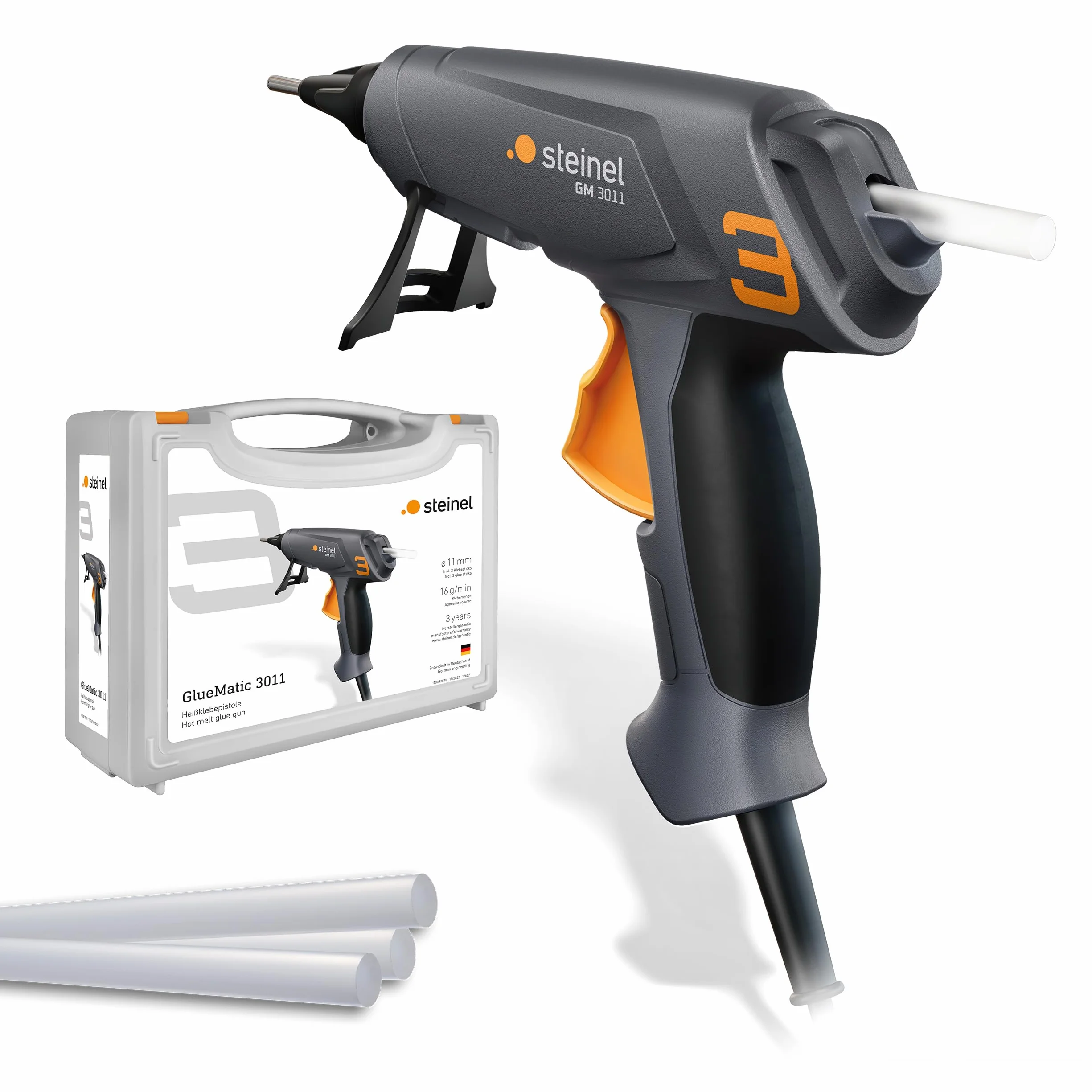 Steinel Klebepistole GlueMatic 3011 Set, inkl. ø11mm Klebesticks, Düse wechselbar, ideal für Reparaturen und zum Basteln