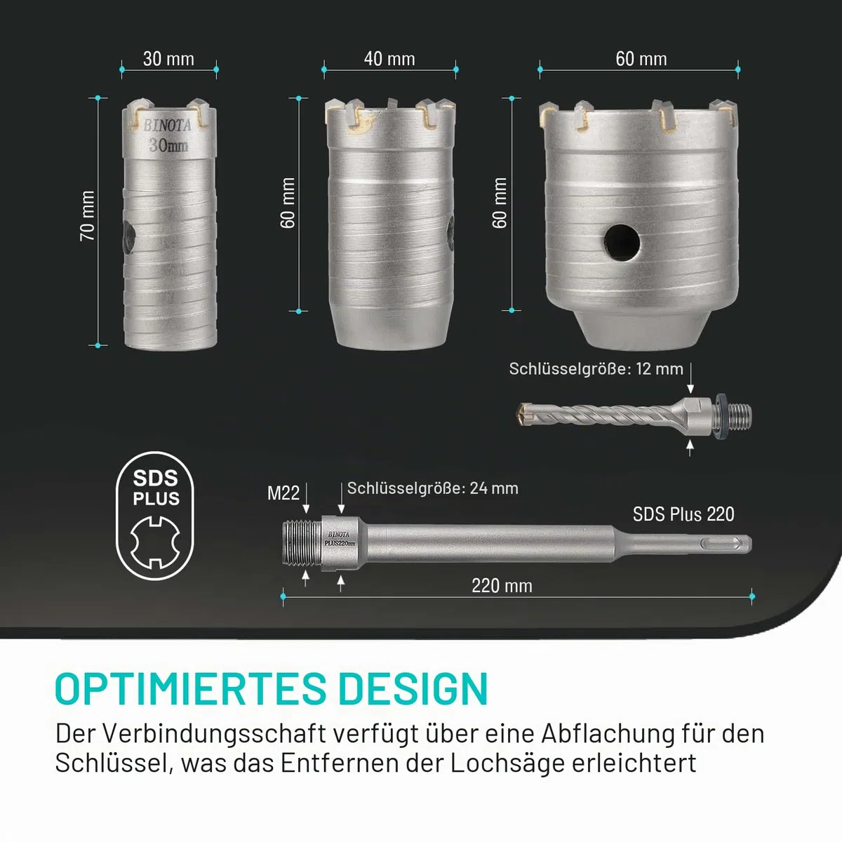 BINOTA Lochsägen-Set für Beton, Kreisbohrer, Lochsäge für Beton, Zement, Ziegel, Mauerwerk, Stein, 30, 40 und 60 mm