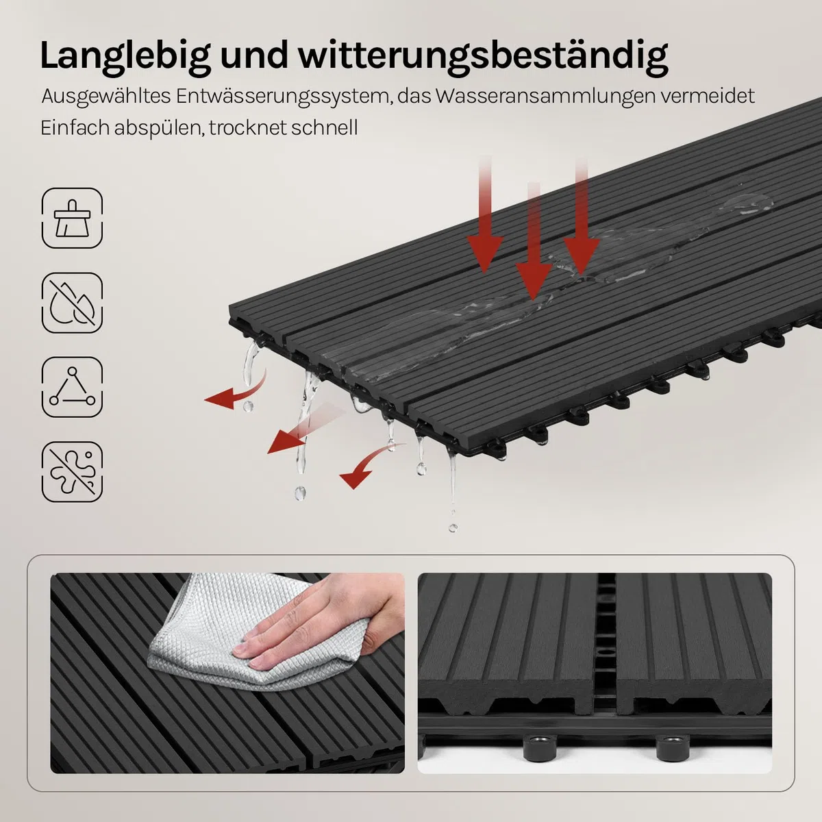 WOLTU WPC Fliese, Terrassenfliesen Holz-Optik, Bodenbelag mit Klicksystem, 30 x 60 cm, Anthrazit (12 Stück / 2 m²)
