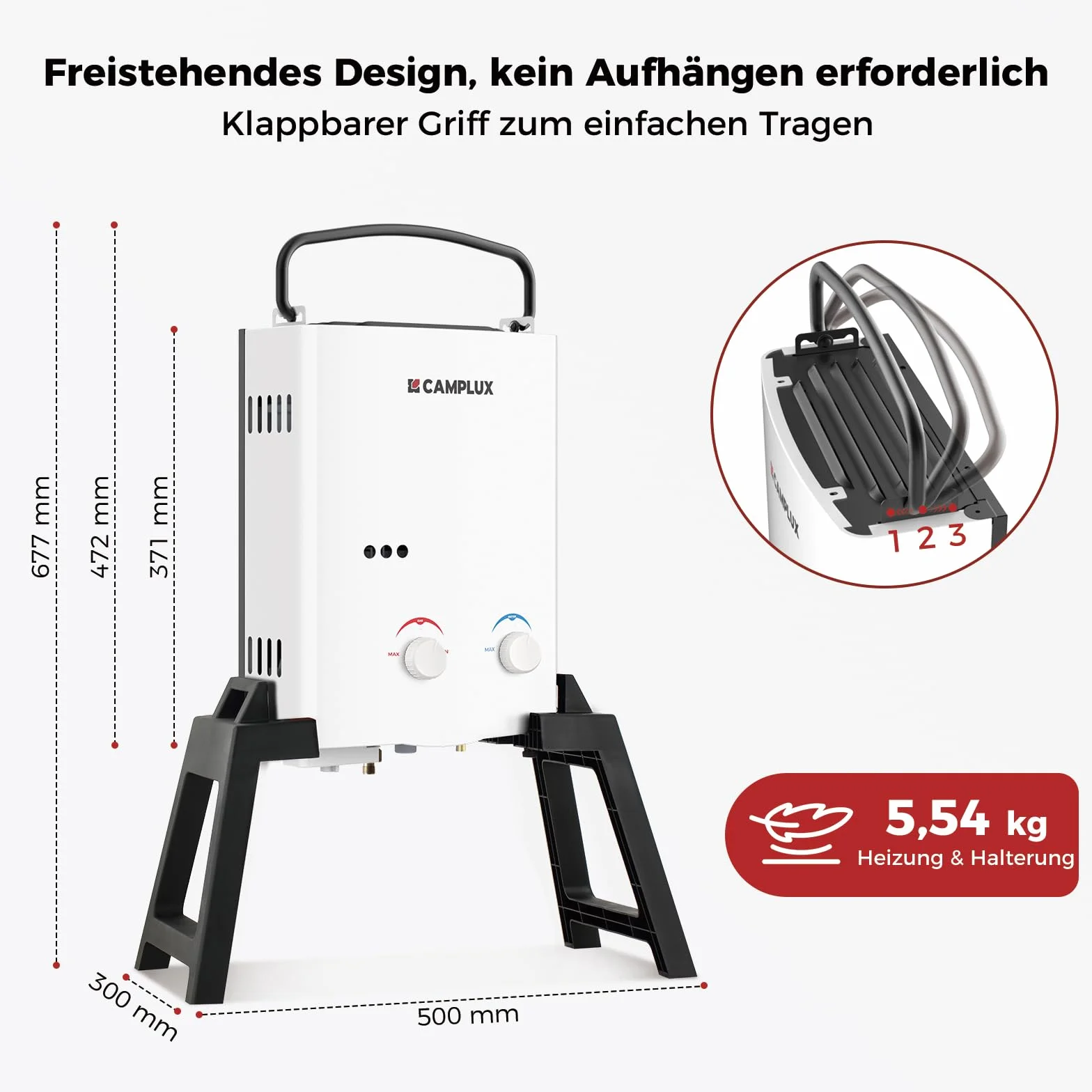 CAMPLUX 5 Liter Gasdurchlauferhitzer mit Stütz & Wasserpumpe, LPG, 50mbar, für Campingdusche/Wohnmobilausflug, AY132Max-DE mit Tragetasche
