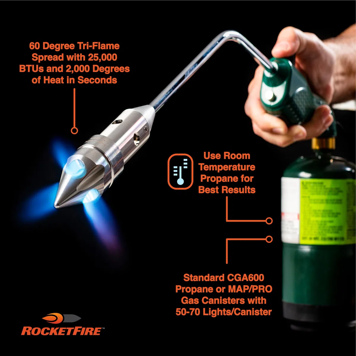 ROCKETFIRE Feuerstarter-Fackel, perfekter Propangas-Fackelkopf, Grillpistole, Kohlebrenner, kompatibel mit Bernzomatic Propan und MAP/PRO Kraftstoffen, dreiflammige Edelstahlspitze, Kraftstoff nicht