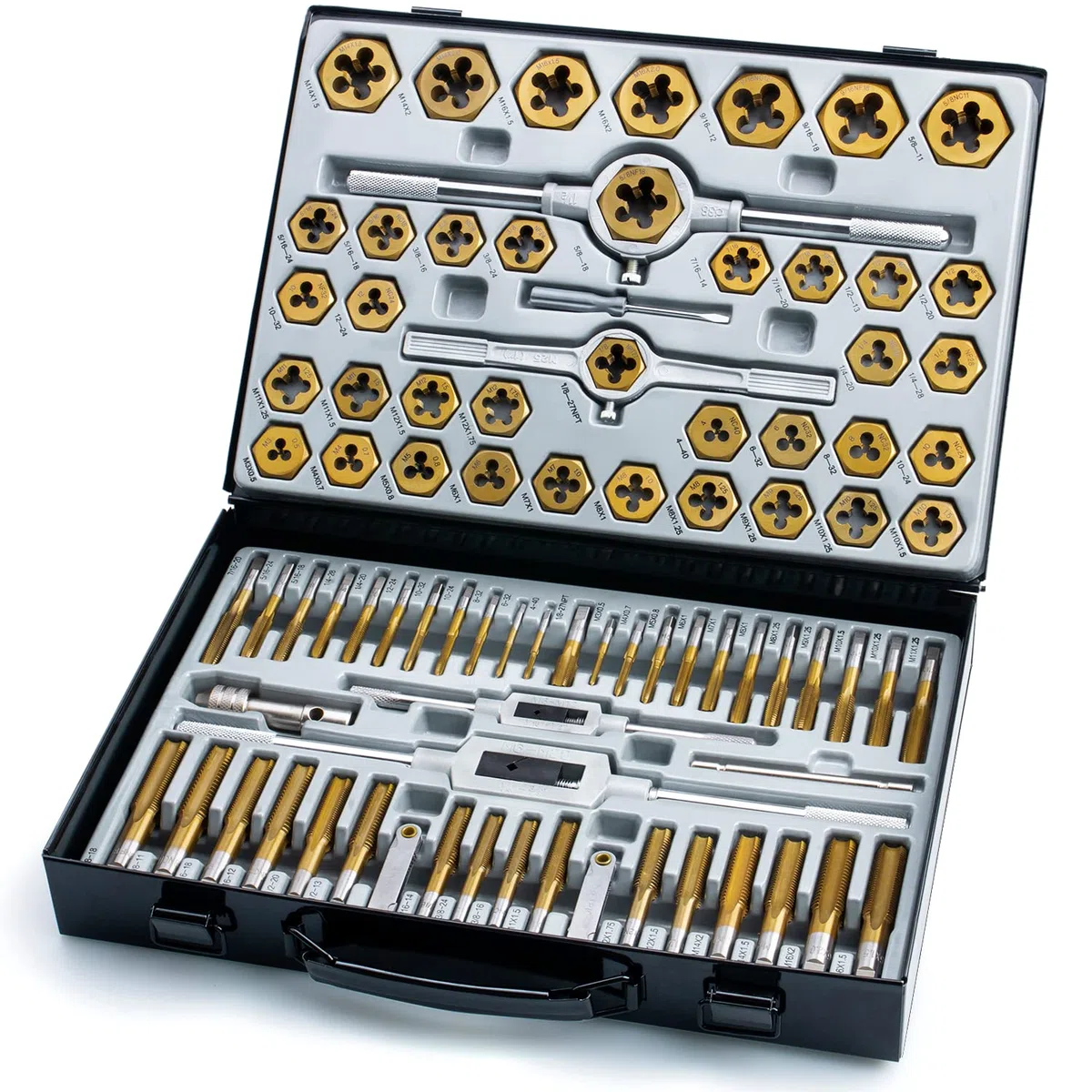 EFFICERE 86-teiliges Master Gewindebohrer und Schneideisen Set mit Premium Titan Beschichtung,SAE Größe bis 5/8 Zoll und metrische Größe bis M16,für grobe, feine Rohrgewinde, Zubehör, Metallkoffer