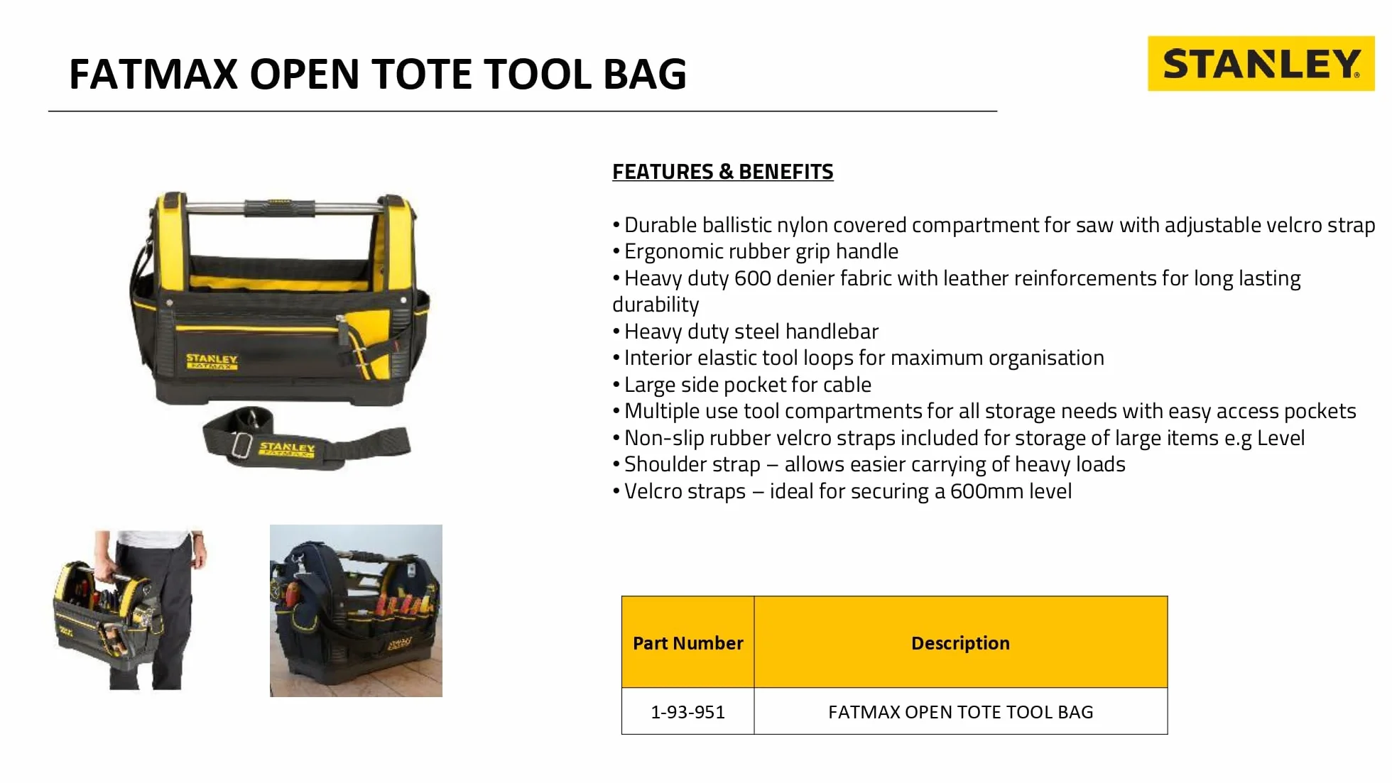 STANLEY FATMAX Werkzeugtrage (48cm x 25cm x 33cm, 600 Denier Nylon, wasserdichter Kunststoffboden, ergonomischer Gummigriff, Rahmen stahlverstärkt, verstellbarer Schultergurt) 1-93-951