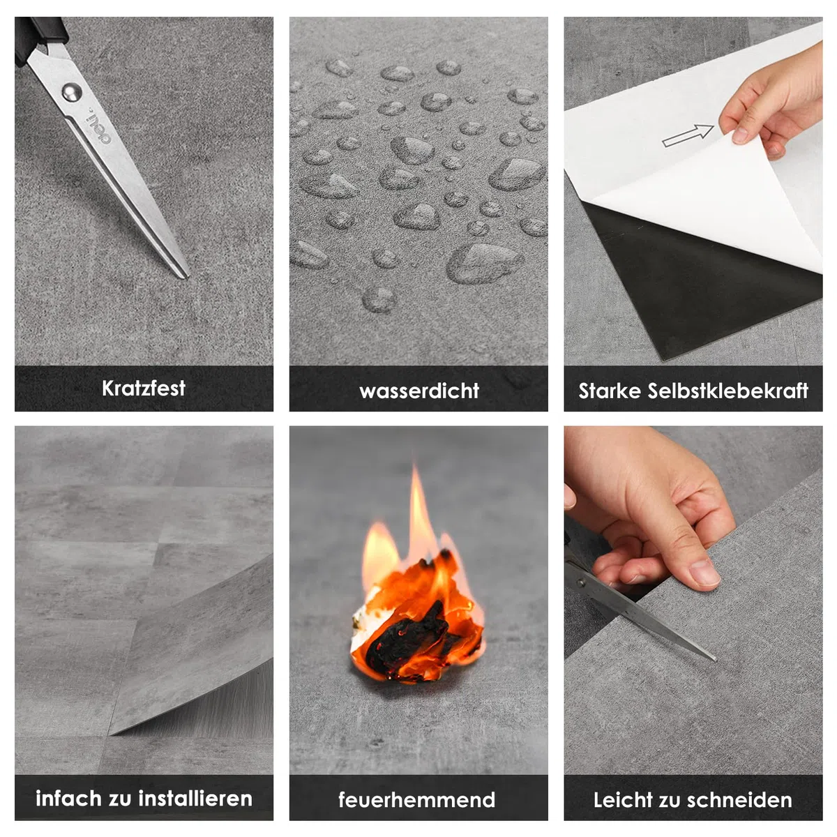 Mulgreat - PVC Bodenbelag Galena - Selbstklebende Vinyl-Fliesen - Vinylboden - Betoneffekt - Grau- 60,96 cm x 30,48 cm x 1,5 mm - Dicke 1,5 mm - 2.23m² / 12 Fliesen