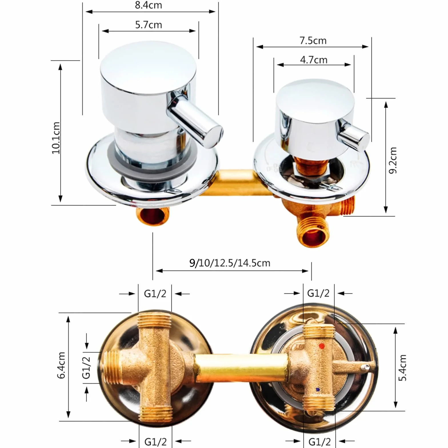Brausemischer aus Messing mit Filter, 2/3/4/5-We für kaltes und heißes Wasser, verstellbarer Mittelabstand 9/10/12,5/14,5 cm (12–12,5 cm, 4 Auslassoptionen)