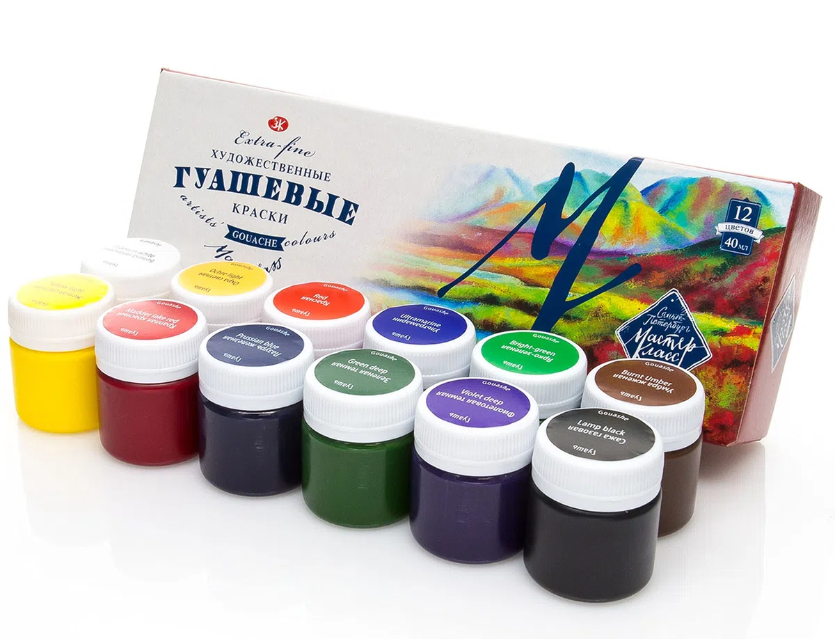 Nevskaya Palitra Profi Gouache Farben Set - 12 x 40 ml Näpfchen - feine Gouache Malerei, Master Class - Hochwertige Farben