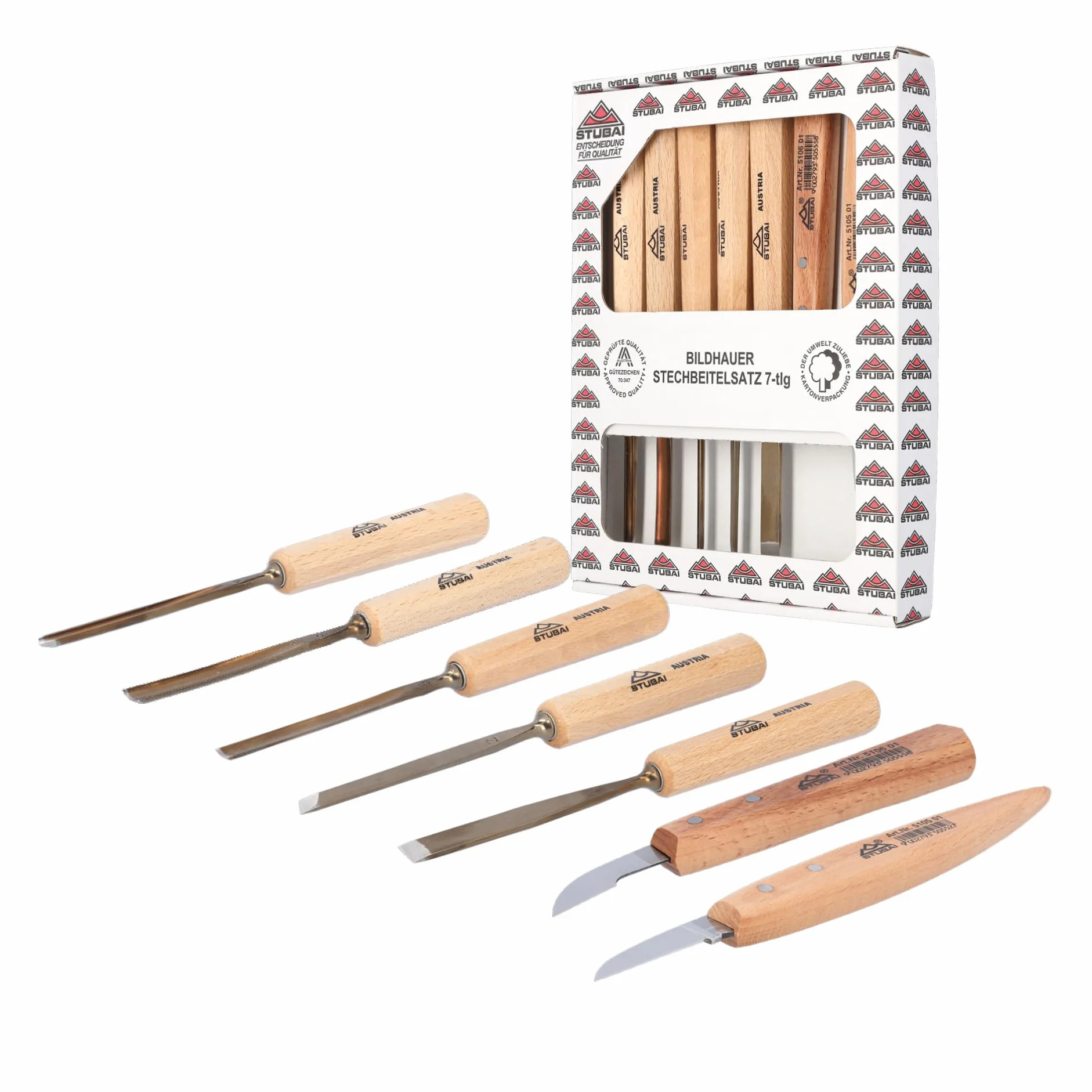 STUBAI Schnitzersatz | 7-tlg. | Balleisen 5 mm & 10 mm + Hohleisen 4 mm, 6 mm & 10 mm + 2 Kerbschnitzmesser | Schnitzwerkzeug für Schnitzarbeiten zur Holzbearbeitung | professionelles Schnitz-Set
