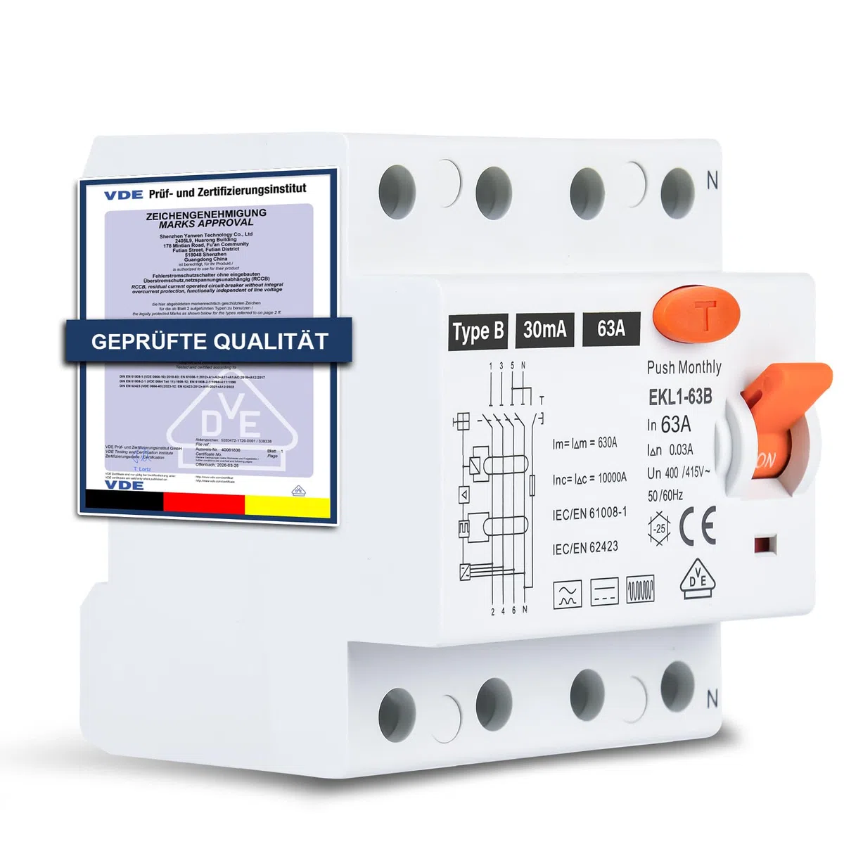 FI Schutzschalter Typ B 63A 30mA 4-polig, Allstromsensitiver RCD für Wallbox & Ladestation, Fehlerstromschutzschalter mit VDE Zertifizierung, DIN-Hutschiene Montage