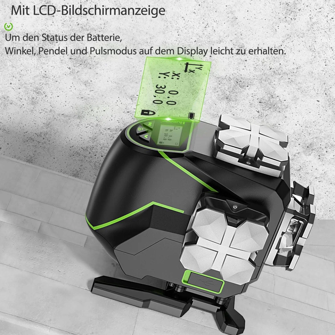 Huepar 16 Linien-selbstnivellierendes Laserniveau 4 x 360 ° mit LCD-Bildschirm, 4D Bluetooth Grüner Strahl Laserwerkzeug, Horizontal/Vertikal Laser -Fernbedienung & Hartschalenkoffer S04CG-C