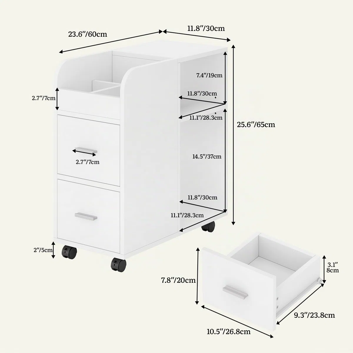 YITAHOME Rollcontainer mit 2 Schubladen, Aktenschrank mit verstellbarem Regal und Ablagefächern, Multifunktionaler Büroschrank Beistelltisch für Wohnzimmer, Schlafzimmer, Büro, Weiß