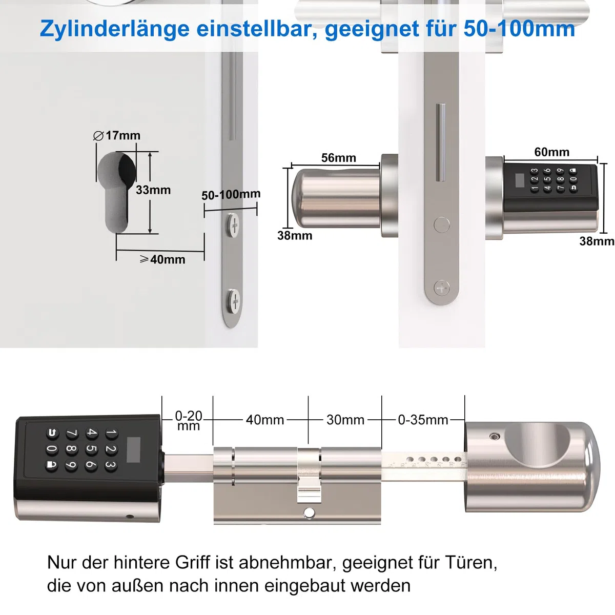 WELOCK Elektronisches Türschloss Haustür mit Pin Code, Wasserdichtes Elektronisches Türschloss mit Bluetooth und App, Geeignet für Türen von 50-100mm Dicke