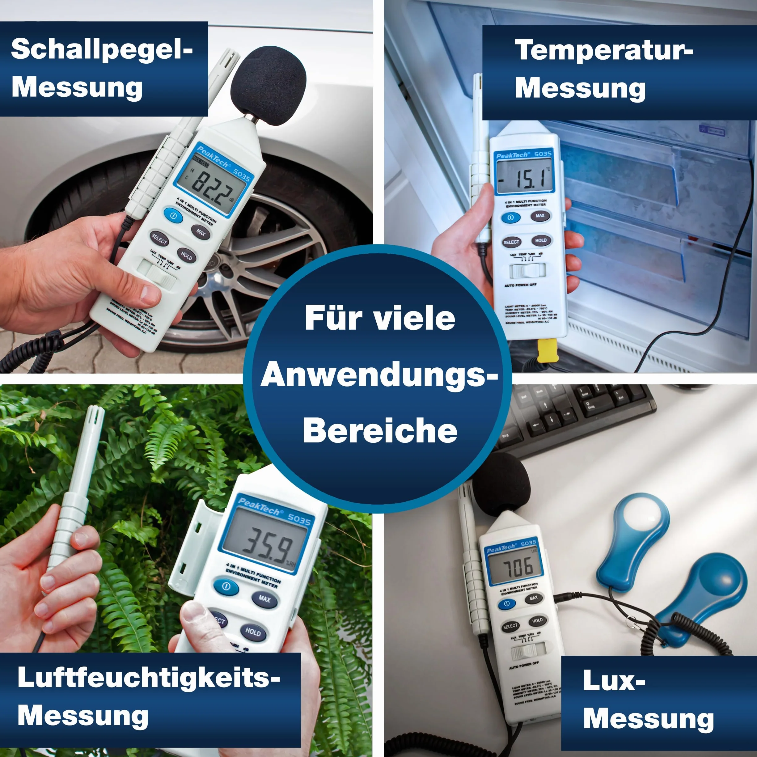 PeakTech 5035-4 in 1 Multifunktions Umweltmessgerät dB, Lux, RH, Temp.