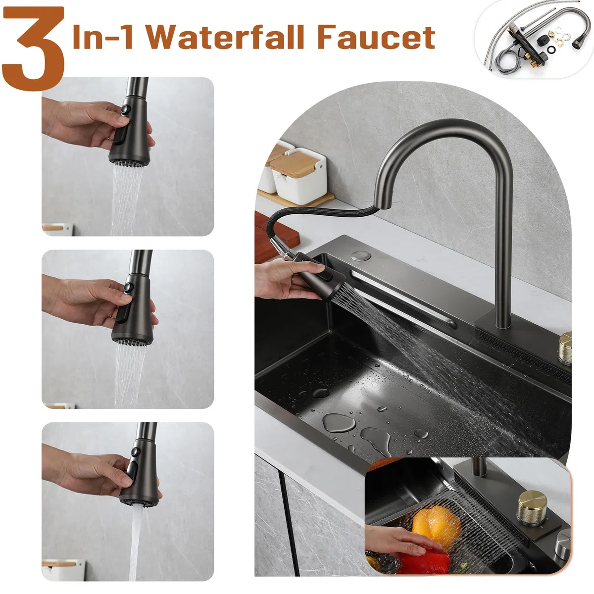 85x45cm Multifunktionale Edelstahl Küchenspüle, Tiefes Wasserfall Barspüle, 1 Becken Aufsatzspüle Für Den Hausgebrauch, Gläserspüler und Abflusskörbe, Abtropfkorb Und Zubehör