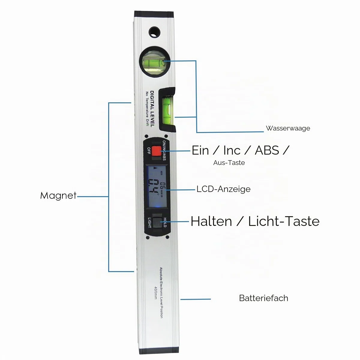 Winkelmesser Lineal Werkzeug Gauge Wasserwaage 42 cm 420 mm 41,9 cm lang digitalem Neigungsmesser protactor mit magnetischer Unterseite