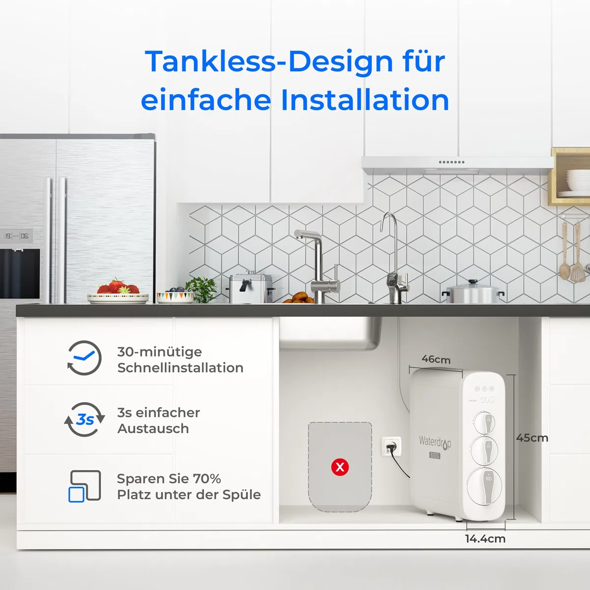 Waterdrop G3P600 Umkehrosmoseanlage, 600 GPD, 8000 Liters, Entkalkungsanlage RO System unter der Spüle, Reduziert TDS, 2:1 Rein zum Abfluss, Intelligenter LED-Wasserhahn