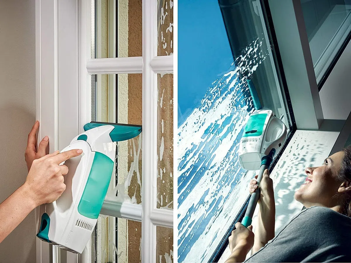 Leifheit Fenstersauger Set Dry & Clean mit Stiel & Einwascher und zweiter Düse für 360° streifenfreie Reinigung, verwendbar bis zu 38 min, Fensterreiniger mit Stand-by-Automatik und Click-System