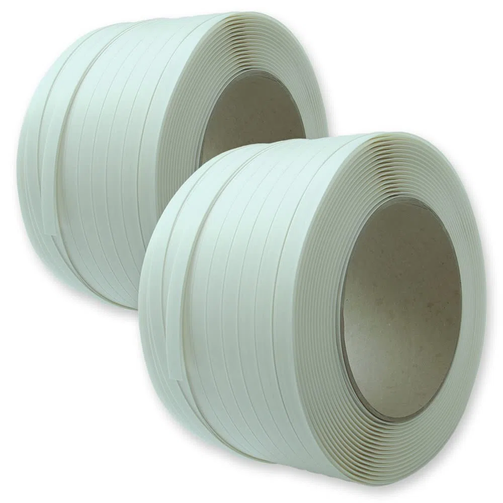 2 Rollen Kompositband 19 mm breit, 500 lfm, Reißfestigkeit 640 kg, Kerndurchmesser 200 mm, ideal zum Sichern scharfkantiger Güter.
