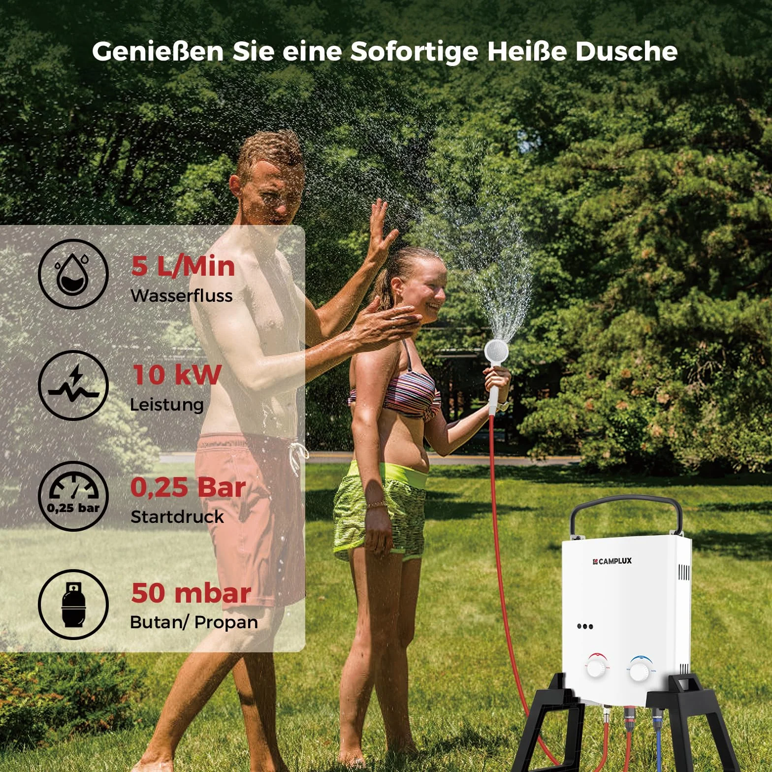CAMPLUX 5 Liter Gasdurchlauferhitzer mit Stütz & Wasserpumpe, LPG, 50mbar, für Campingdusche/Wohnmobilausflug, AY132Max-DE mit Tragetasche