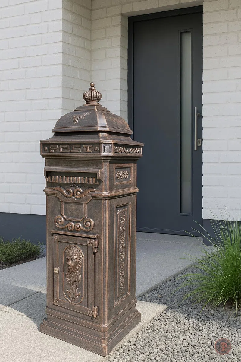 Generisch Säulenbriefkasten Standbriefkasten Briefkasten Post Brief Mailbox Letter Aluminium Bronze abschließbar freistehend 102 cm x 36 cm x 33cm