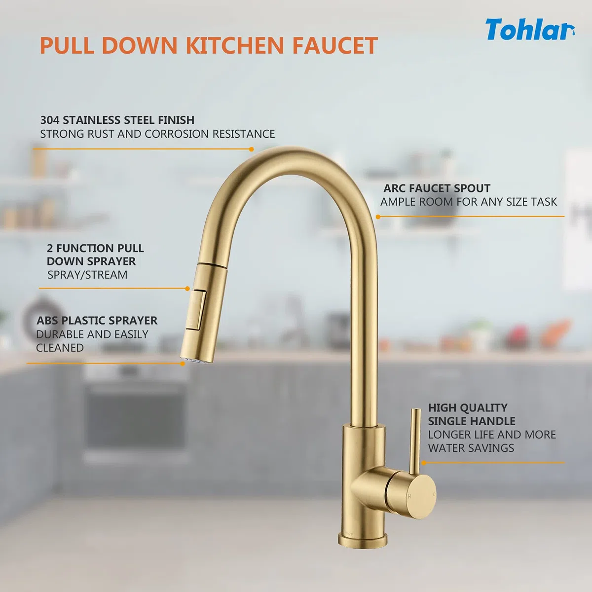 Tohlar Niederdruck Armatur Küche Gold, Niederdruck Wasserhahn Küche mit Ausziehbare Brause, Mischbatterien für Küche Moderner Edelstahl Spültischarmatur